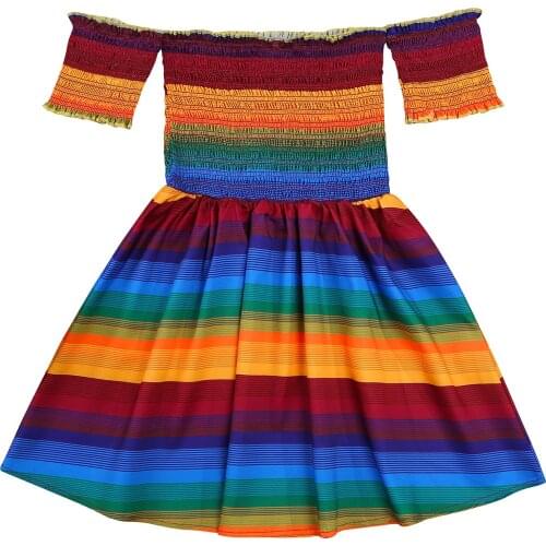 3-7Years Girls Casual Big Hem Dress Short Sleeve Rainbow Stripe Printed Pattern Boat Neck One-piece
