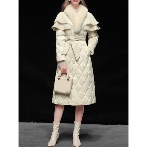 Real Fox Fur Collar Down Jacket Women Double-layer Tweed Ruffle Cape Shawl Padded White Duck Down Coat Warm Winter Down Overcoat