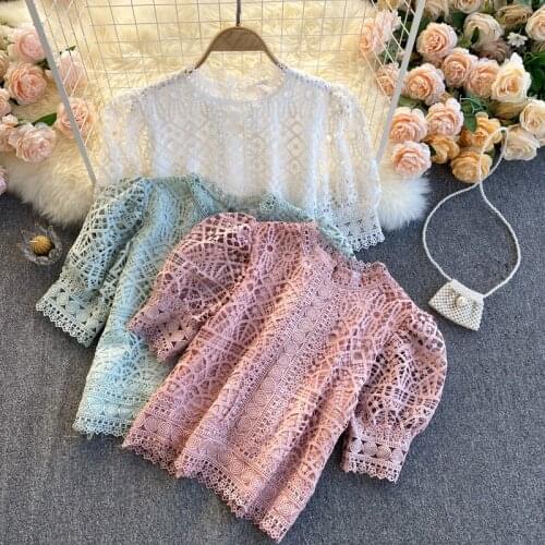 SINGREINY Women Design Hollow Blouse Korean Sweet Puff Sleeve O Neck Elegant Solid Tops 2021 Summer Fashion Streetwear Blouses