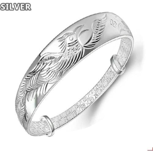 Ethnic Fashion Elegant Woman Child Gift Phoenix Push Pull anillos Silver Bangle Adjustable women jade bracelet jade lotus