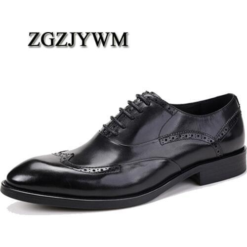 ZGZJYWM Fashion High Quality Size37-44 Business Formal Lace-Up Pointed Toe Genuine Leather Carved Flat Dress Wedding Man Shoes