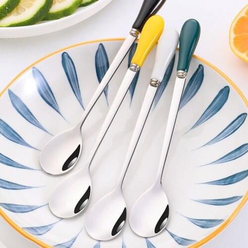 Chic Coffee Stirring Spoon Ceramic Long Handle Brilliant Ice Cream Teaspoon Gold-Plated Dessert Spoon Stainless Steel Tableware