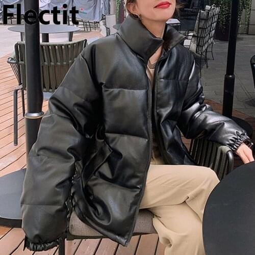 Flectit Leather Puffer Jacket Women PU Oversize Bomber Jacket Padded Thick Winter Coat Street Style