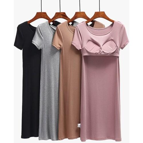 Womens summer modal short-sleeved nightdress with chest pad, free bra, over-knee mid-length dress, pajamas, home service