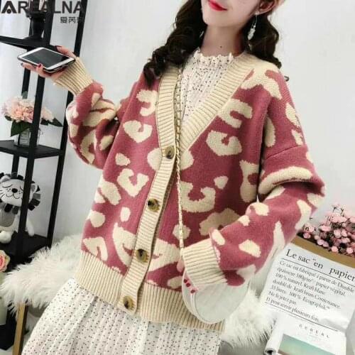 Women Sweaters Autumn Winter 2021 korean fashion cardigan women Casual thick Leopard V-Neck Single Breasted loose Cardigans Coat