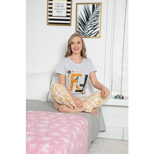 Women Gray Cotton FE Patterned Short-Sleeved Flannel Mesh Pajamas set Made In Turkey