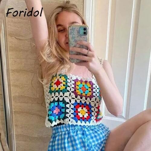 Foridol Knitted Summer Tank Tops Women Flower Knitting Crochet White Crop Tops Beach Cute Short Top Sleeveless