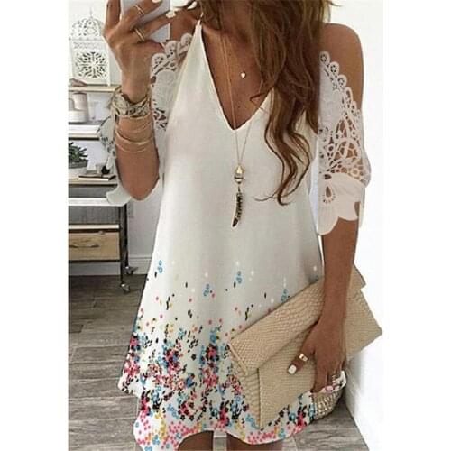 Mini Dress Women Summer Floral Print Casual V-Neck Beach Off Shoulder Lace Hollow Out Dresses Plus Size
