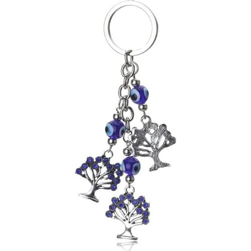 Trendy Blue Evil Eye Tree of Life Keychain Car Key Ring Handbag Charm Jewelry Gift for Protection and Blessing Lucky Accessories