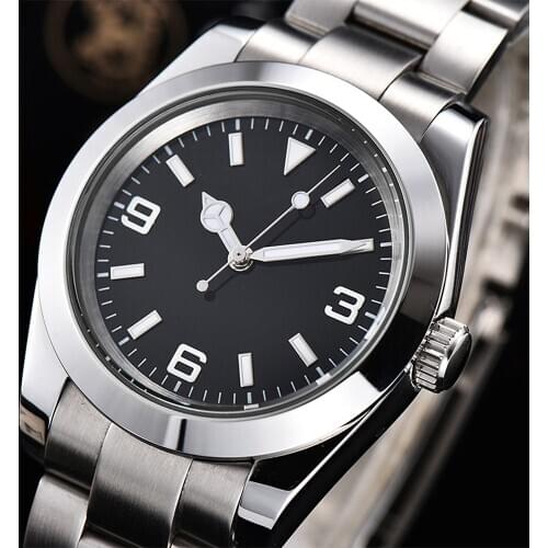 39mm Mens Watch Automatic Mechanical Black Dial Illuminated Hands Sapphire Glass 316L Stainless Steel Case Bracelet-08