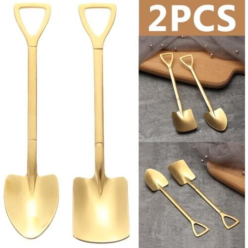 New 2pcs Iron Shovel Shape Dessert Spoon Creative Stainless Steel Shovel Coffee Ice-Cream Spoon Scoop Set Kitchen Utensil