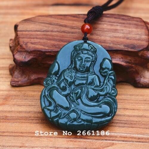 Natural Dark Green HETIAN Stone Pendant 3D Carved Guanyin Bodhisattva Lotus Pendant Necklace Men Nephrit Jades Jewelry