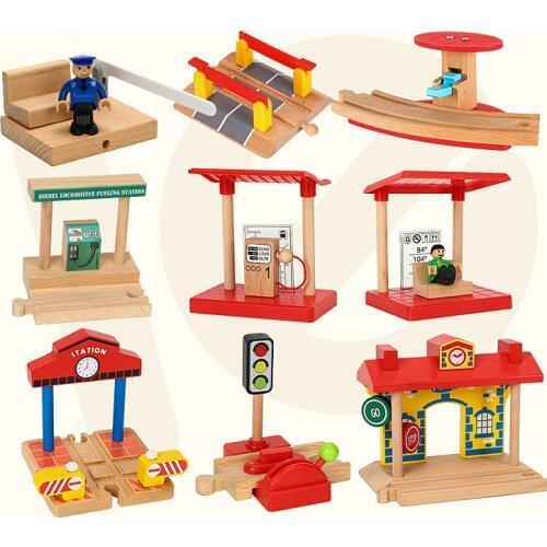 Wooden Train Track Accessories Wooden Gas Station Wood Track Barrier Educational DIY Toys For Children