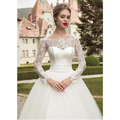 Charming Tulle Scoop Ball Gown Wedding Dresses See Through Lace Long Sleeve Bridal Gowns Robe De Mariage 2019