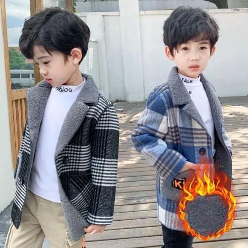 Autumn Wool Coat for Boy Childrens Jacket Fashion Plaid Blazer Collar Kids Outerwear Outfits Handsome Trench Plus Warm 2021 New