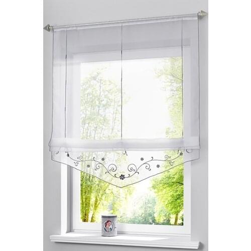 Roman Curtain Floral Embroidered Sheer Window Curtain For Kitchen Living Room Voile Screening Panel 1 PCS/Lot With Ribbon Belts