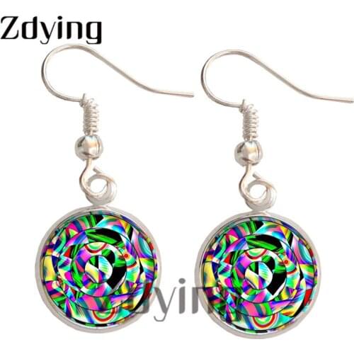 Zdying Modern Abstract Geometry Dangle Earrings Glass Art Picture Cabochon Charm Antique Bronze/Silver-Plated Ear Jewelry GE011
