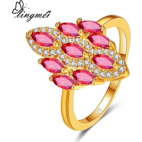 Lingmei Wedding MarquiseSterling Jewelry Women Elegant Red & White Zircon Silver ColorYellow GoldRing Size 6 7 8 9