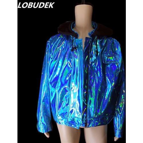 Faux Leather Hoodie Blue Loose Zipper Jacket Coat Men Clothing Tide Male Rock Singer Concert Costume HIP HOP Dance Stage Costume