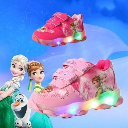 Spring Baby Boy Girl Shoes Disney Cartoon Frozen Anna Elsa Spiderman LED Glowing Sneakers Children Sport Kid Leather Light Shoes
