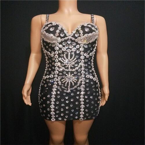 Y47 Singer stage dress female sexy rhinestone outfits party wears black bodysuit bar diamonds dance costumes ballroom skirt club