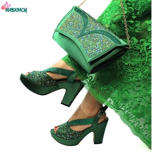 Green Color New Arrivals Italian Design Shoes and Bag Set Hihg Quality Sandals with Platform Shinning Crystal for Wedding