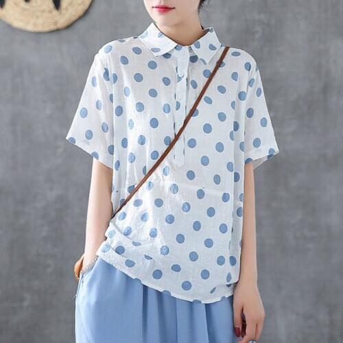 Casual Cotton Linen Blouse Plus Size Summer New Arts Style Women Short Sleeve Polka Dot Shirts Turn-Down Collar All-Matched