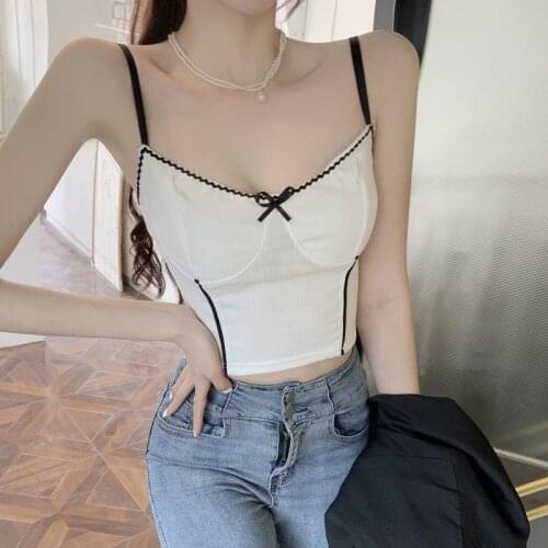 Female Fashionable Bow Tanks Camis Knitting Color Matching Wave Pattern Slim Short Top Bottoming Y2k Top White Women Clothes