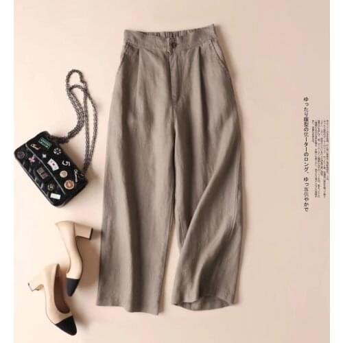 Women Cotton And Linen Nine Points Pants High Waist Wide Leg Pants
