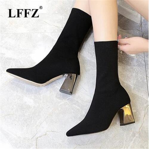 Lzzf 2018 Winter Fashion Leather Women Boots Black Waterproof Long Mid Calf Waterproof Ladies Socks Boots Shoes Woman Botas