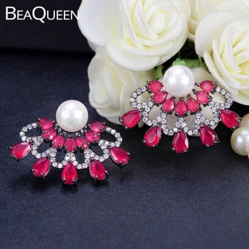 BeaQueen Fairy Rose Red Water Drop Stone Paved Cubic Zircon Crystal Pearl Stud Earrings Silver Color Women Jewelry for Gift E183