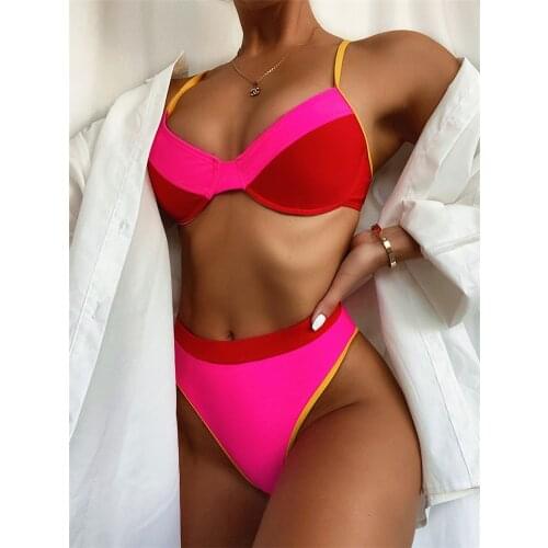 Ladies 2020 Summer Split Backless Bikini Set Adults Women Creative Contrast Color Splicing Sexy Bikini Swimwear Bathing Suit