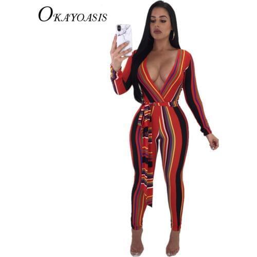 Deep V Neck Sexy Bodycon Jumpsuit Women Long Sleeve One Piece Tight Bodysuit Club Party Overalls Striped Rompers Womens Jumpsuit