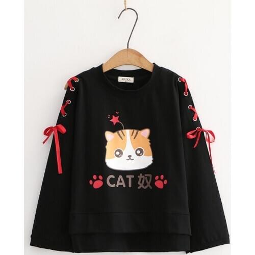 Womens Cartoon Print Sweatshirt Japane Style Cat Print Lace Bow Girls Sweatshirts Casual Loose O-Neck Harajuku Pullovers