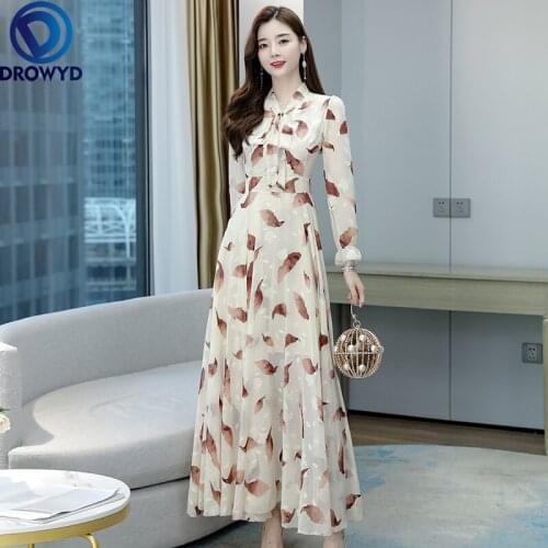 2021 Women Party Long Sleeve Elegant Maxi Vestidos Autumn Winter Black Vintage Floral Chiffon Midi Dress Casual Boho Beach Dress