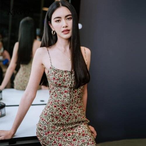 Summer 2021 New Retro French Chiffon Rose Floral Lace Up Suspender Dress Women Sleeveless Slim Sexy Elegant Dresses Clothes