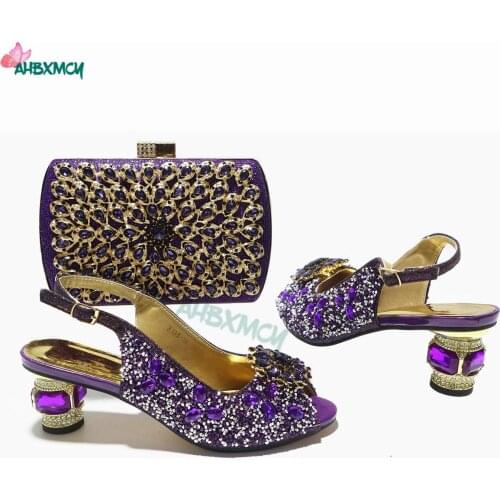 2021 High Quality New Arrivals Nigerian Women Shoes and Bag Set in Purple Color Peep Toe Sandal with Shinning Crystal for Party