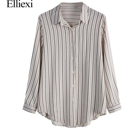Elliexi Women Stripe Blouse Office Lady lrregular Long Sleeve Loose Work Fit Shirt Polo Autumn Female All Match Lapel Tide Tops