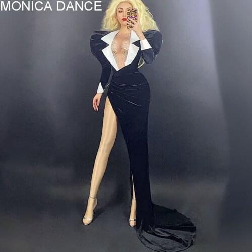 Women Sexy Black Velvet Big Sleeves 2Pcs Bodysuit Long Tail Skirt Dress Set Birthday Celebrate Dance Outfit Singer Evening Dress