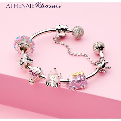 ATHENAIE 925 Sterling Silver Pink Enamel Vintage Fairy Tale Castle Charms Bracelet For Women Birthday Valentine Day Gift