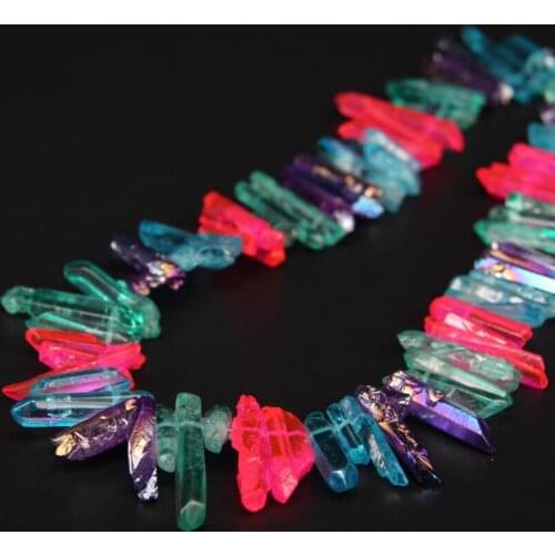 15.5"strand Colour Mixture Titanium Crystal Quartz Top Drilled Point Bead,Rainbow Raw Crystal Stick Pendant Beads Jewelry Making