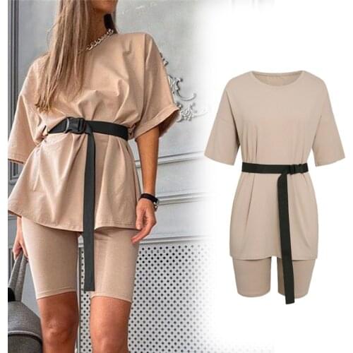 Summer Tracksuits Women Khaki Loose Casual Two Pieces Short Sleeve T Shirts and High Waist Short Pants Daily Solid Sportswear