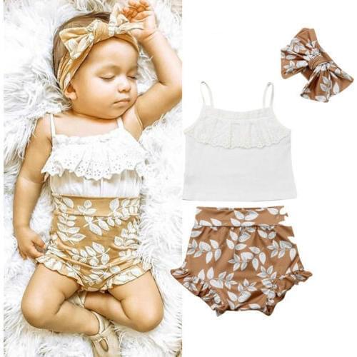 2019 Baby Girl summer clothing set Lace Tops Floral Shorts Headband Outfits Sunsuit for Kid clothes toddler Children newborn