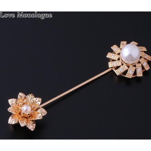 Love Monologue Simple Yellow Gold Color Brooch Simulated Pearl Cubic Zirconia Brooches Pins Christmas Gift X0081 Box Packing