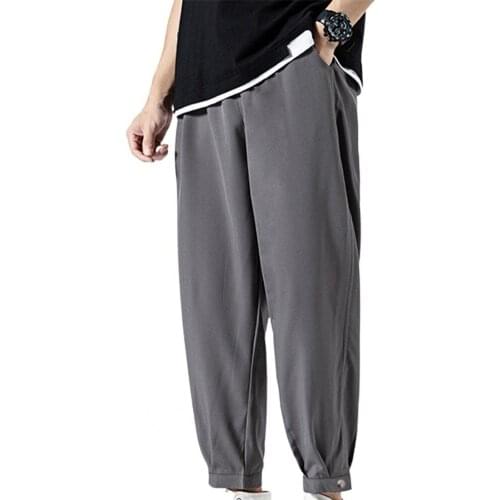 Summer Mens Casual Pants Solid Color Thin Ice Silk Loose Ankle-length Elastic Waist Ankle Tied Trousers Sweatpants for Sports