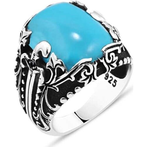 Squeezing Turquoise Stone Silver Men 'S Ring