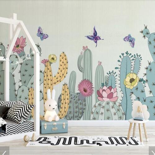 Nordic 3D Cactus Mural Carton Kids Bedroom Wallpaper Murals Art Wall Decals Mural Paper Rolls Contact Paper Roll 3d Wall Murals