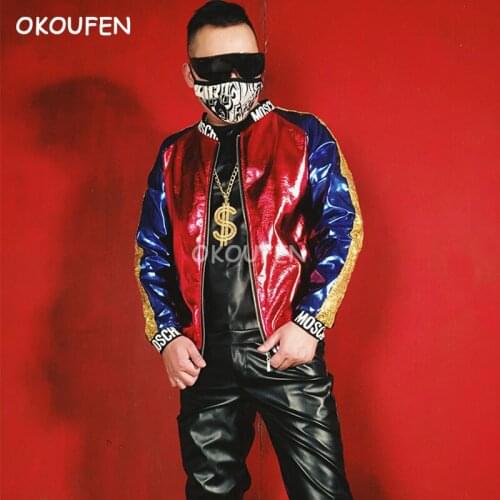 2018 New mens Blue and red gold stitching PU jacket costume hairdresser nightclub bar singer DJ DS Stage show performance wear