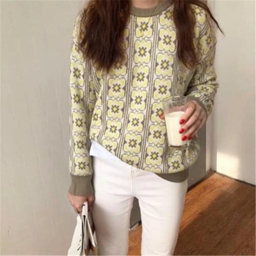 Fashion New Sweet Colorful Sweater Jumper Womens Sweater Autumn Casual Loose O-neck Floral Print Knit Pullover Female Top 2020
