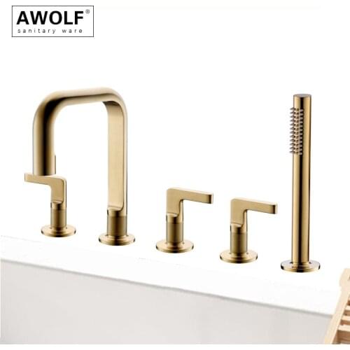Solid Brass Brushed Gold Bathroom Bathtub Shower Faucet Black 3 Handle 5 Hole Hot And Cold Mixer Water Tap ML8111